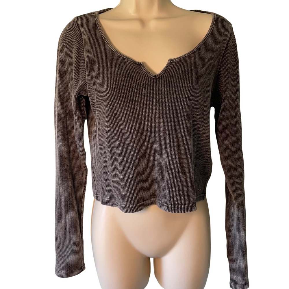 NWT Victoria's Secret Pink Long Sleeve Waffle Knit Crop Top Size Large Gray